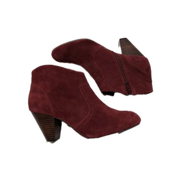 Aldo Burgandy Ankle  Booties Zip Up Triangle  Heel Size 7.5 Boots Short Suede - Picture 6 of 7